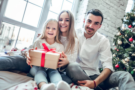 一家人围着一棵圣诞树，手里拿着礼物。幸福家庭概念