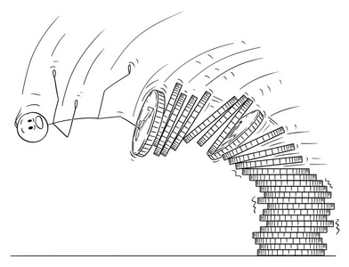 从硬币堆中坠落的人或商人的卡通