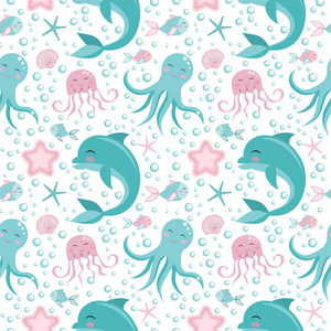 可爱的无缝模式与海洋动物。章鱼海豚水母贝壳鱼海星。海底世界