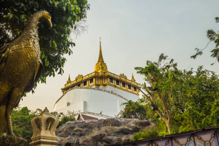 美丽的孔雀雕塑在WATSaket RatchaWoraMahaWahanWatPhukhaoThong黄金山寺庙前面，是曼谷