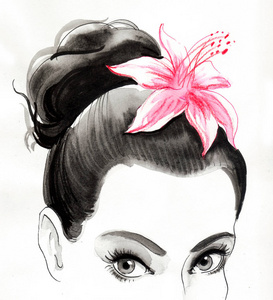 漂亮的黑发女人，头发上有一朵粉红色的花。 墨水和水彩插图