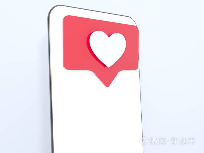 红心就像手机屏幕上的符号。独立的手机是白色背景, 3d 渲染。插图