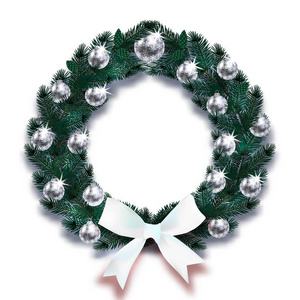 圣诞节, 新年。深绿色的云杉枝条, 以圣诞花环的形式出现, 有银球和白色的蝴蝶结。插图