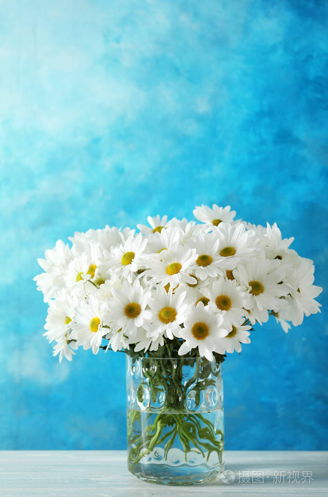花瓶桌上放着漂亮的洋甘菊花色背景