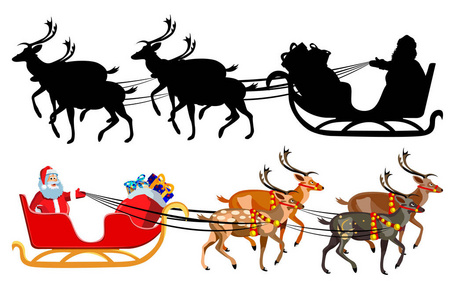 圣诞老人坐在雪橇上，带着驯鹿，带着一把礼物。 圣诞老人的剪影。 白色背景上的插图。
