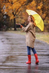 带伞的女人在雨天的秋天公园散步