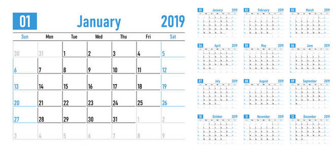 日历规划师2019模板矢量插图所有12个月周开始星期日和周末星期六和星期日。