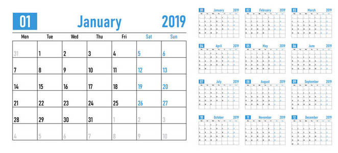 日历规划师2019模板矢量插图所有12个月周从星期一开始，并表明周末在星期六和星期日。