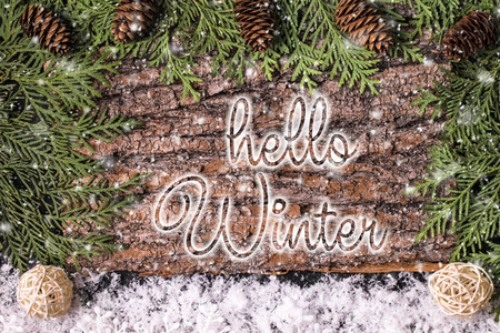 你好，冬季刻字设计。 寒假作文。 新年和圣诞节庆祝。 寒假概念。 圣诞装饰品。 上面的风景。