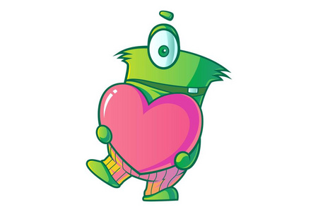 矢量卡通插图可爱的绿色单眼怪物与心. 孤立在白色背景上.照片