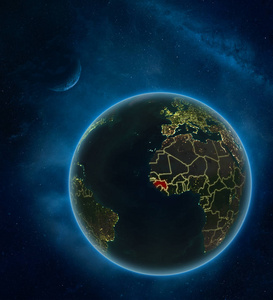 夜晚，几内亚从太空与月亮和银河。 详细的行星地球与城市灯和可见的国家边界。 三维插图。 这幅图像的元素由美国宇航局提供。
