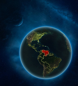委内瑞拉夜间从太空与月亮和银河系。 详细的行星地球与城市灯和可见的国家边界。 三维插图。 这幅图像的元素由美国宇航局提供。