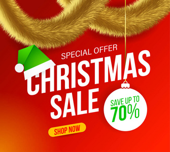 圣诞销售横幅与金色毛茸茸的Tinsel和绿色精灵帽的红色背景，以特别优惠的销售和折扣。 70的折扣