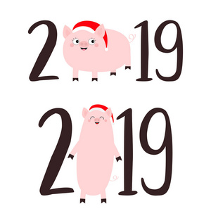 2019年文本集。 猪。 粉红色小猪猪。 新年快乐，中国象征。 可爱的卡通有趣的卡瓦伊婴儿角色。 平面设计。 白色背景。 孤立的