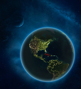 古巴在晚上从太空与月亮和银河。 详细的行星地球与城市灯和可见的国家边界。 三维插图。 这幅图像的元素由美国宇航局提供。