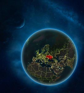 乌克兰晚上从太空与月亮和银河系。 详细的行星地球与城市灯和可见的国家边界。 三维插图。 这幅图像的元素由美国宇航局提供。