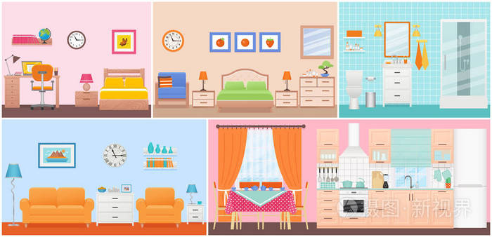 在里面的家. 带窗户的卡通家庭公寓. 酒店设备家具. 集合图