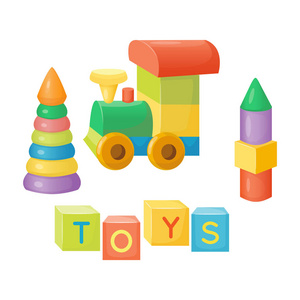 一套儿童游戏玩具。 立方体和火车。 矢量插图卡通风格