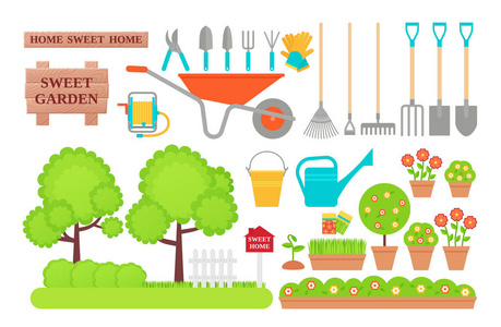 矢量. 园艺铲,浇水设备,剪刀耙,种子植物修剪器的仪器图标.