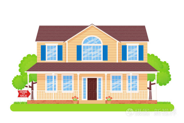 平房立面外花园庭院平面设计. 卡通插图