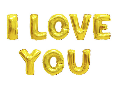 字母表丘比特我爱你的单词在英语字母表从黄色(金色)气球在白色背景.