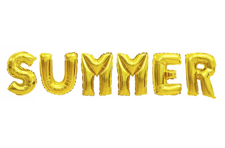 英语字母表中的单词夏季来自白色背景上的黄色(金色)气球.