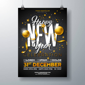 快乐新年晚会庆祝海报模板插图与黄金玻璃球和排版设计的黑色背景。矢量假日高级邀请传单或促销横幅