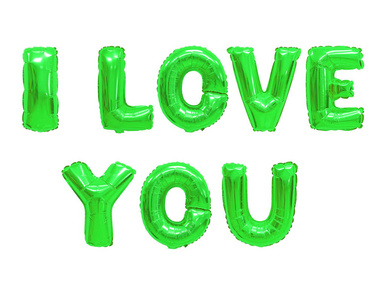 我爱你的英文字母从彩色绿色气球白色背景.假期和教育.照片