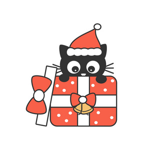 可爱卡通黑猫圣诞礼品盒节日矢量插图