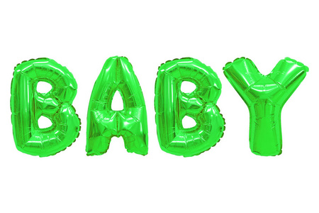 白色背景下绿色气球上英文字母的单词宝宝。假期和教育。