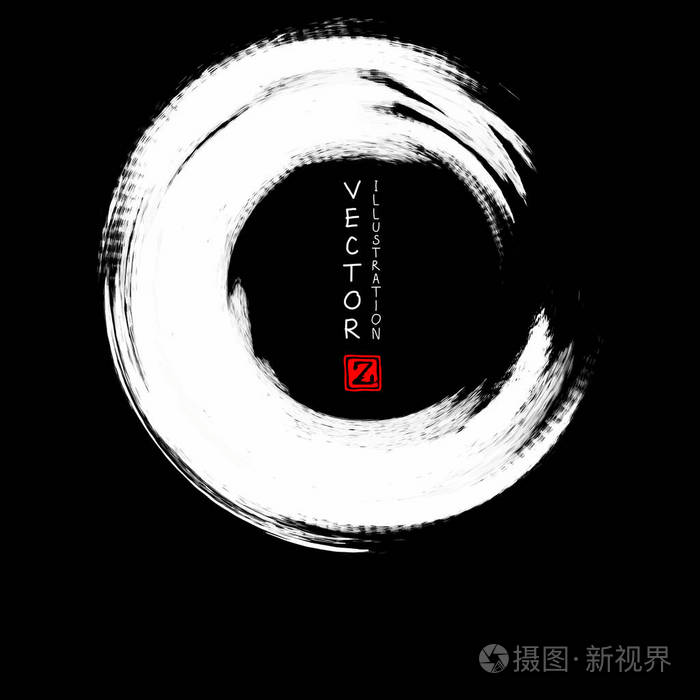 黑色背景上白墨圆笔画.日本风格.网格圆污渍矢量图