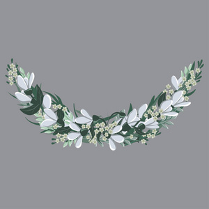 半圆形花环的矢量图,叶子和钟形花,花架照片