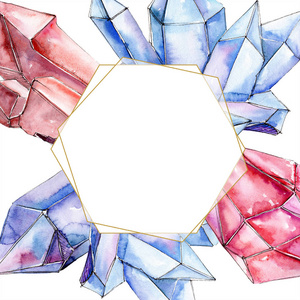 红色和蓝色钻石水晶矿物。框架边框装饰正方形。水彩几何多边形水晶石