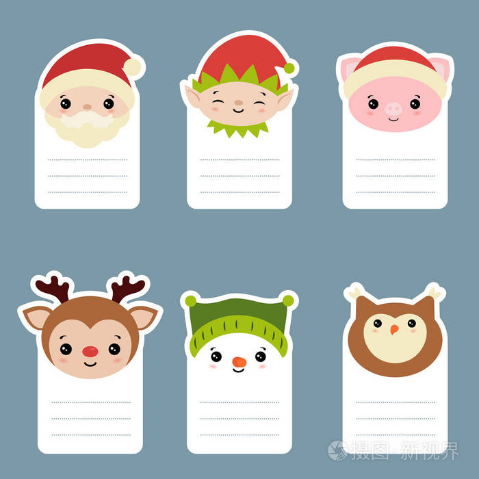 收集卡片与可爱的卡通人物头.圣诞节的主题.