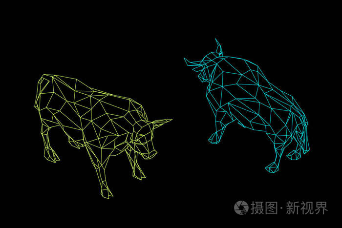 抽象多边形牛.孤立在黑色背景上.矢量轮廓图.等距投影.不同的观点.