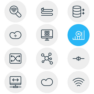 向量例证 12个 web 图标线样式。可编辑的数据集共享系统和其他图标元素