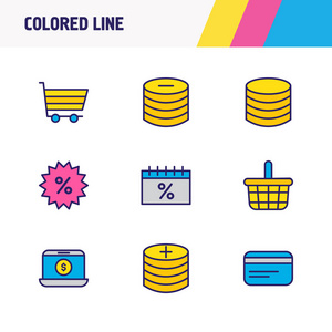 9个交易图标彩色线的矢量插图。可编辑的销售日购物车信用卡和其他图标元素