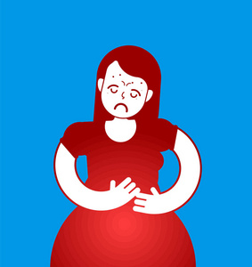 PMS图标。 月经疼痛女孩标志。 患有腹痛的妇女。 腹部抽筋的女孩