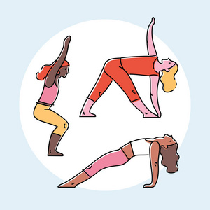 一套瑜伽姿势平面设计彩色矢量插图。
