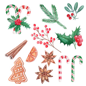 1.套圣诞元素，红色浆果，棒棒糖，冬青，肉桂误导，生姜饼干，手绘插图，水彩孤立。 可用于背景图案填充网页包壁纸。