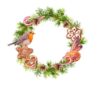 圣诞花圈与姜饼干, 肉桂, 糖果, 橙色, 知更鸟。新年水彩冷杉树枝, 锥