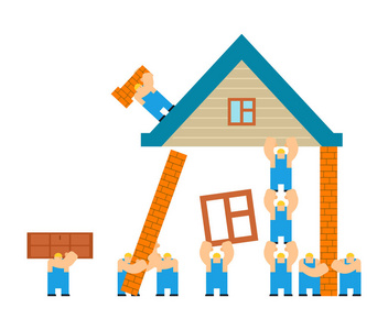建造房屋的人。 卡通风格。 工人和家庭。 围墙和屋顶施工。 紧固门窗
