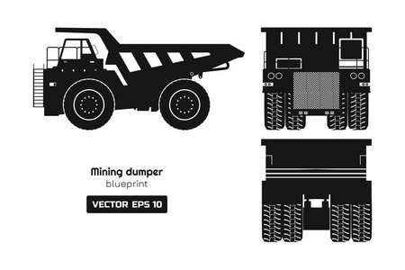 白色背景上的采矿自卸车剪影。背面侧面和正面视图。重型卡车形象。工业3d 绘图