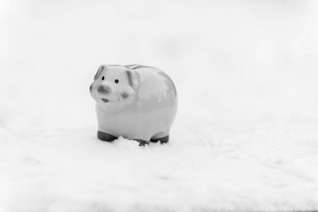 传统粉红的小猪银行。白色雪陶瓷玩具