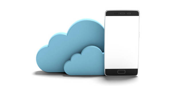 云计算手机。 蓝云和空白屏幕智能手机隔离在白色背景复制空间。 三维插图
