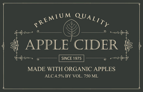 苹果苹果苹果酒的矢量标签，叶在图形框架中，复古风格在黑暗背景上