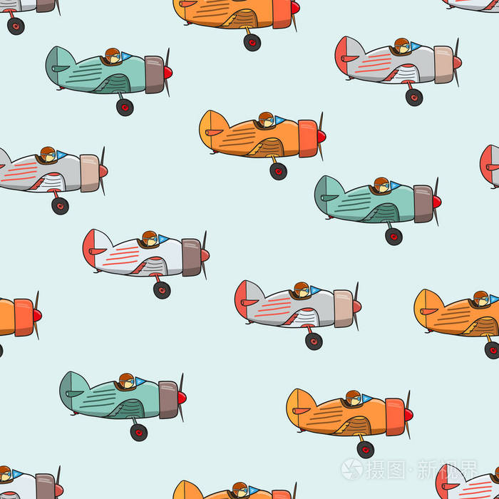 插画 飞机古董. 带有复古卡通飞机的图案. 矢量涂鸦插图.eps