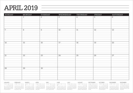 2019年4月案头日历矢量插图简单干净的设计。