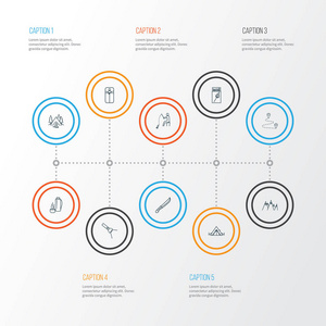 露营图标线条样式设置与目的地, 帐篷, 山脉和其他路线元素。被隔绝的向量例证露营的图标