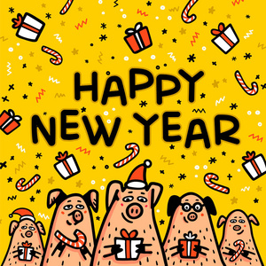 新年快乐猪黄色贺卡。有趣的猪与糖果棒, 礼物和圣诞老人的帽子。2019年中国新年标志。涂鸦样式字符的卡片, 打印, 图标, 贴纸